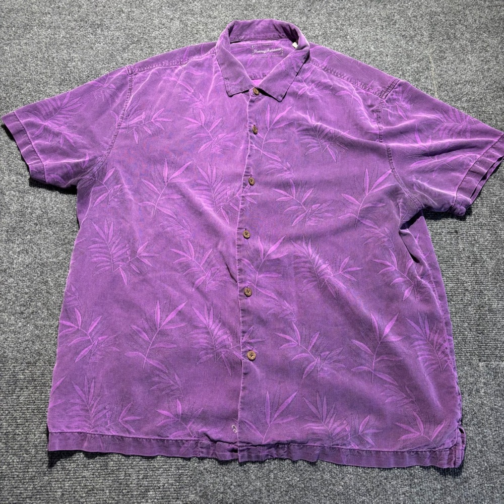 Tommy Bahama Mens XXL Purple 100% Silk Palm Leaf Jacquard Short Sleeve Shirt